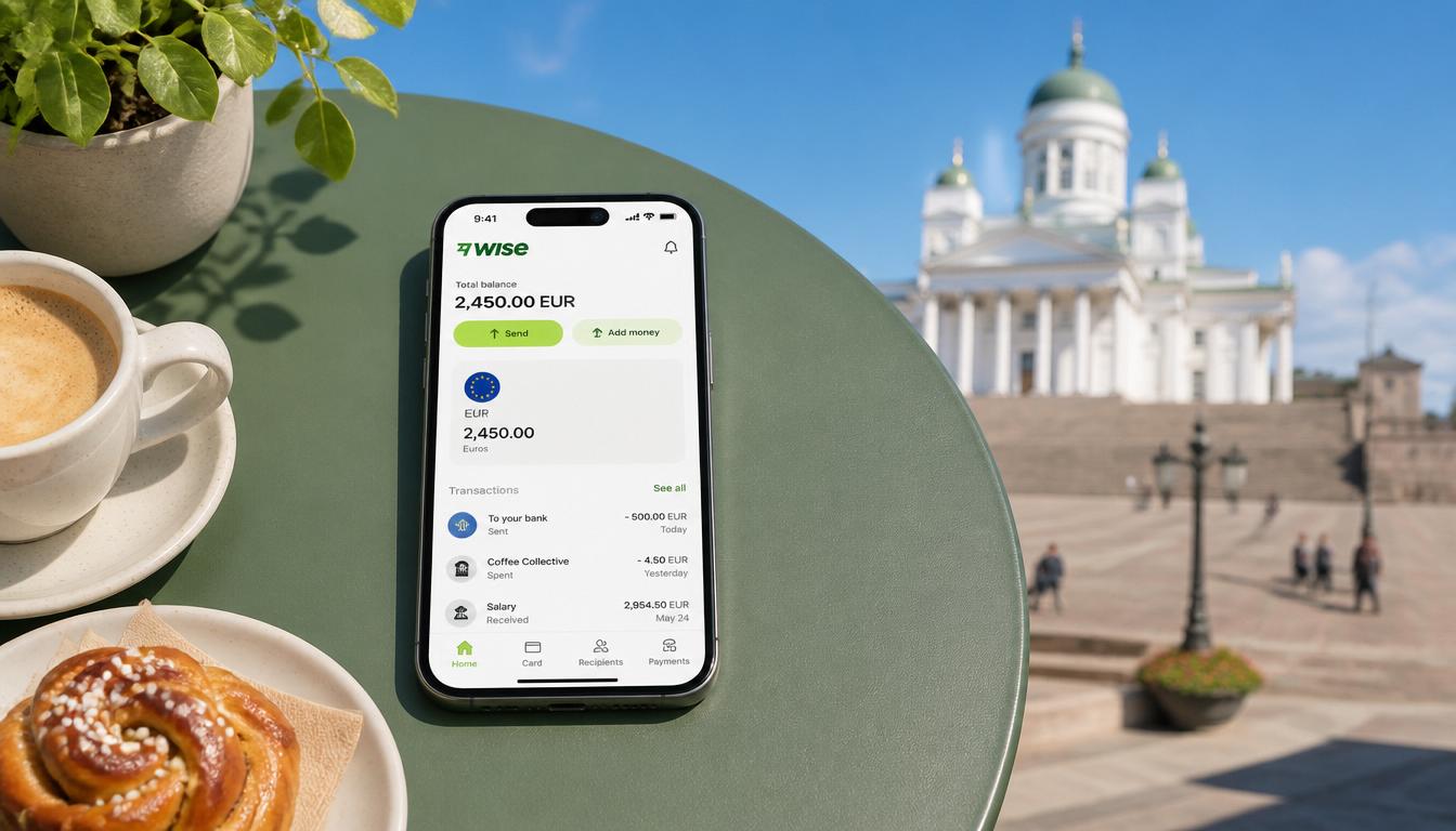 Aplicativo Wise no celular mostrando saldo em euro para viagem à Finlândia em 2026 Helsinque