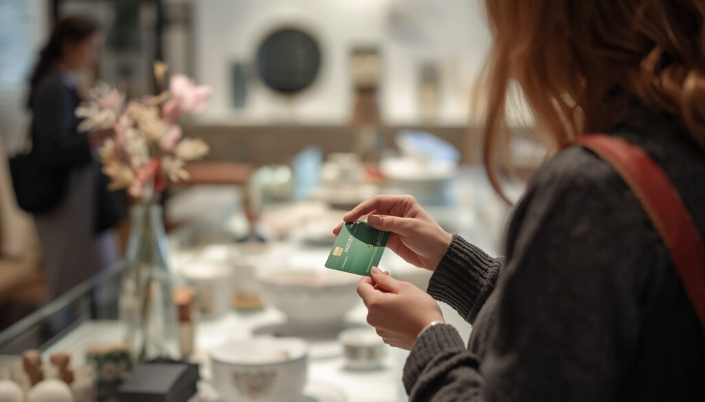 Cartão Wise é Aceito na Finlândia? Veja Como Pagar em Euro Turista pagando por itens de decoração escandinava no distrito de design de Helsinque usando o cartão Wise.