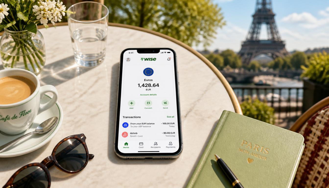 Aplicativo Wise no celular controlando gastos em euros na França em 2026