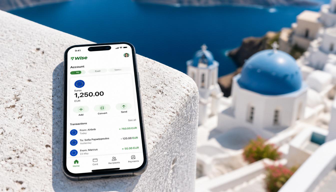 Aplicativo da Wise no celular com euros convertidos para viagem à Grécia 2026