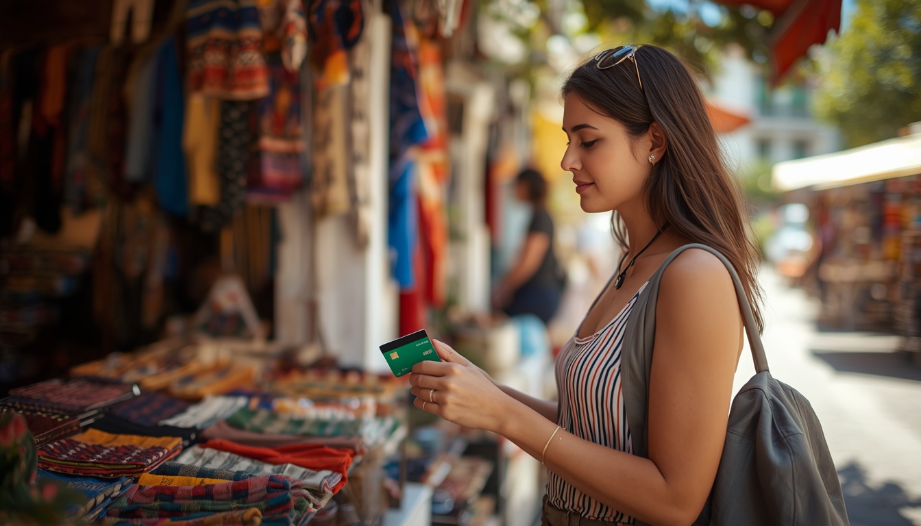 Turista fazendo compras na Grécia com cartão Wise conta internacional 2026