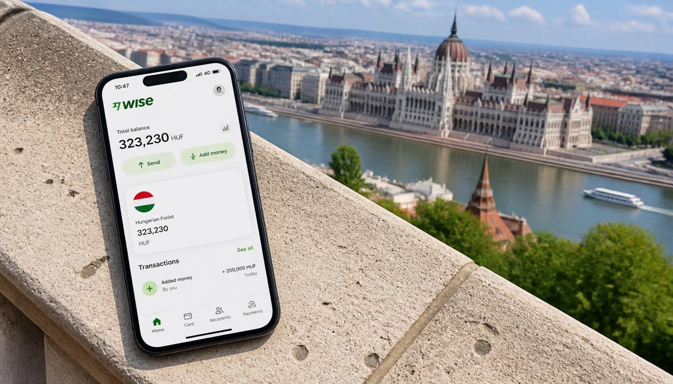 Aplicativo da Wise no celular com saldo em florim húngaro para viagem à Hungria em 2026