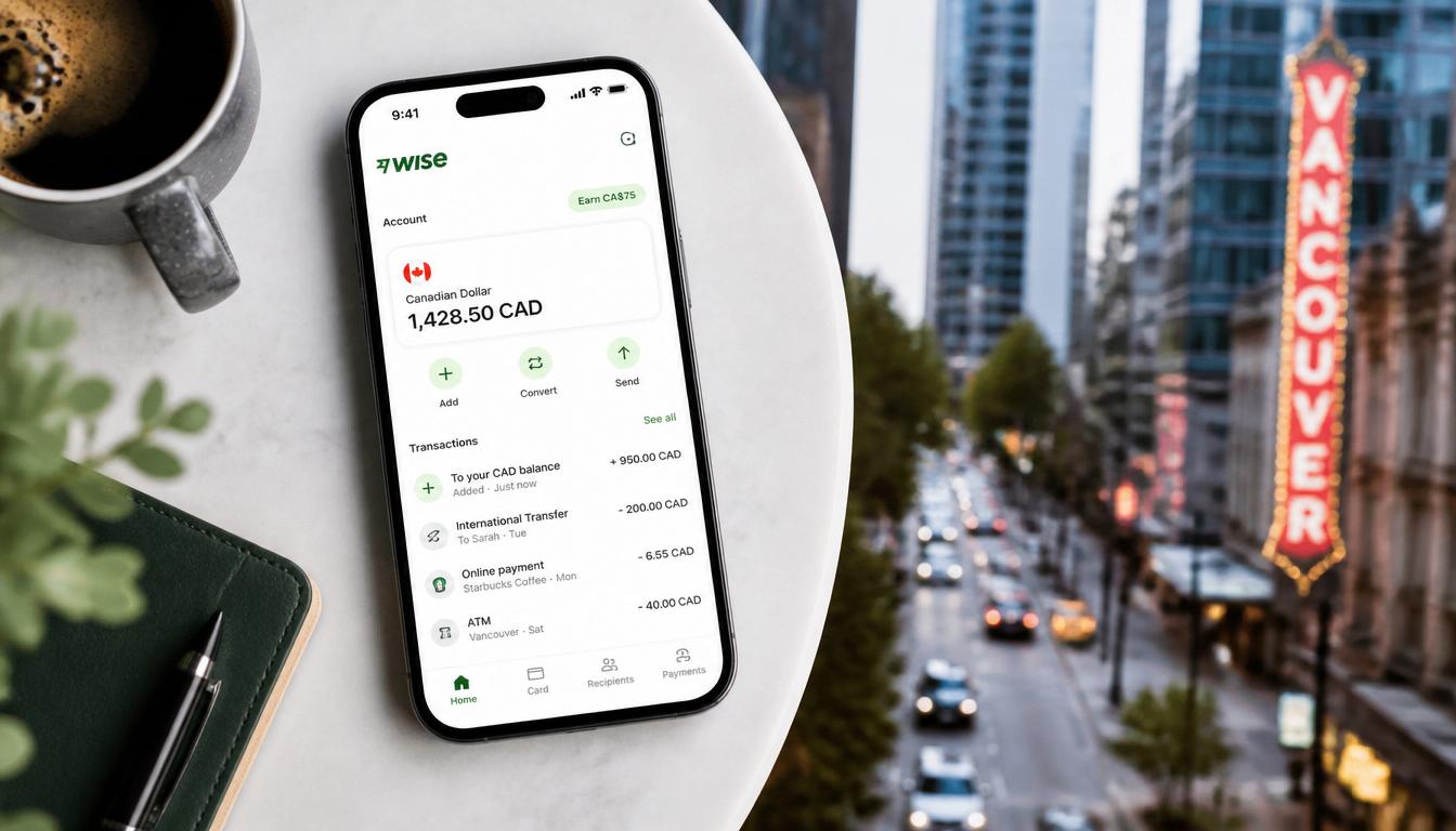 Gerenciando a conta Wise pelo celular durante viagem ao Canadá Aplicativo Wise no celular com saldo em dólar canadense no Canadá 2026