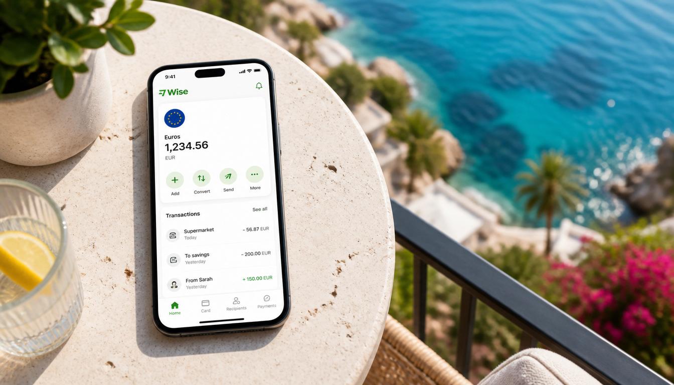 Aplicativo da Wise no celular com saldo em euros para usar no Chipre em 2026