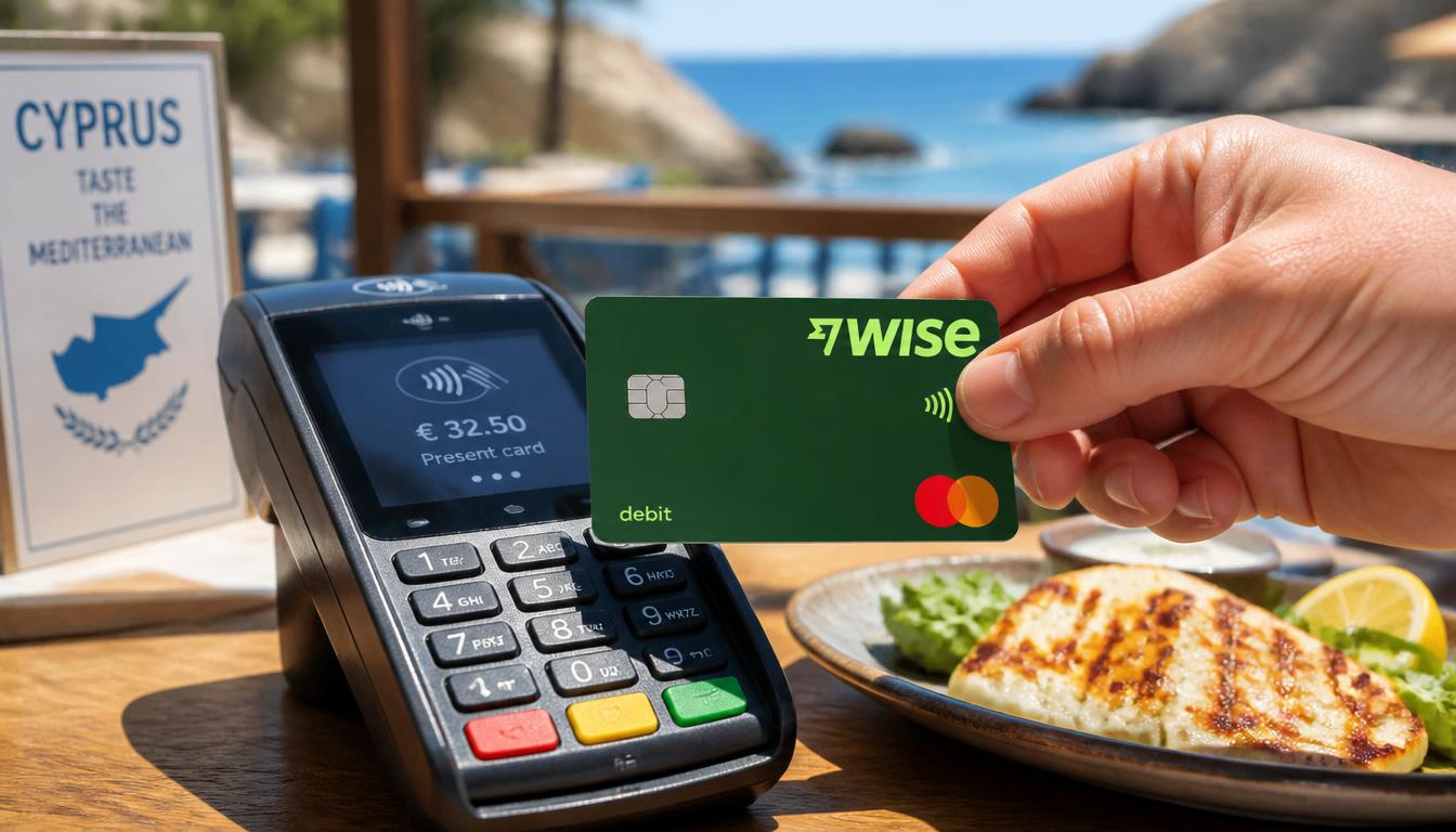 Pessoa usando cartão Wise no Chipre para pagar em restaurante à beira-mar em 2026