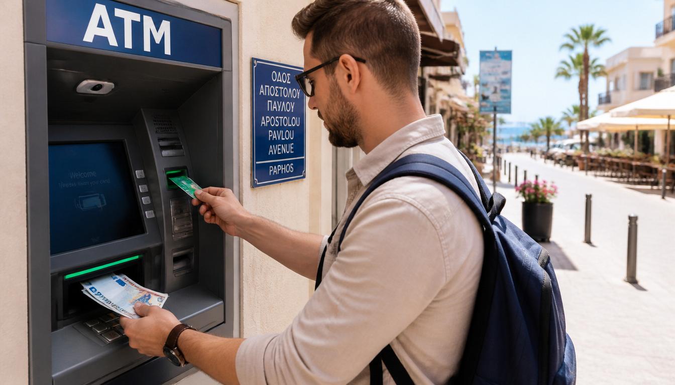 Turista usando cartão Wise em caixa eletrônico no Chipre para sacar euros em 2026
