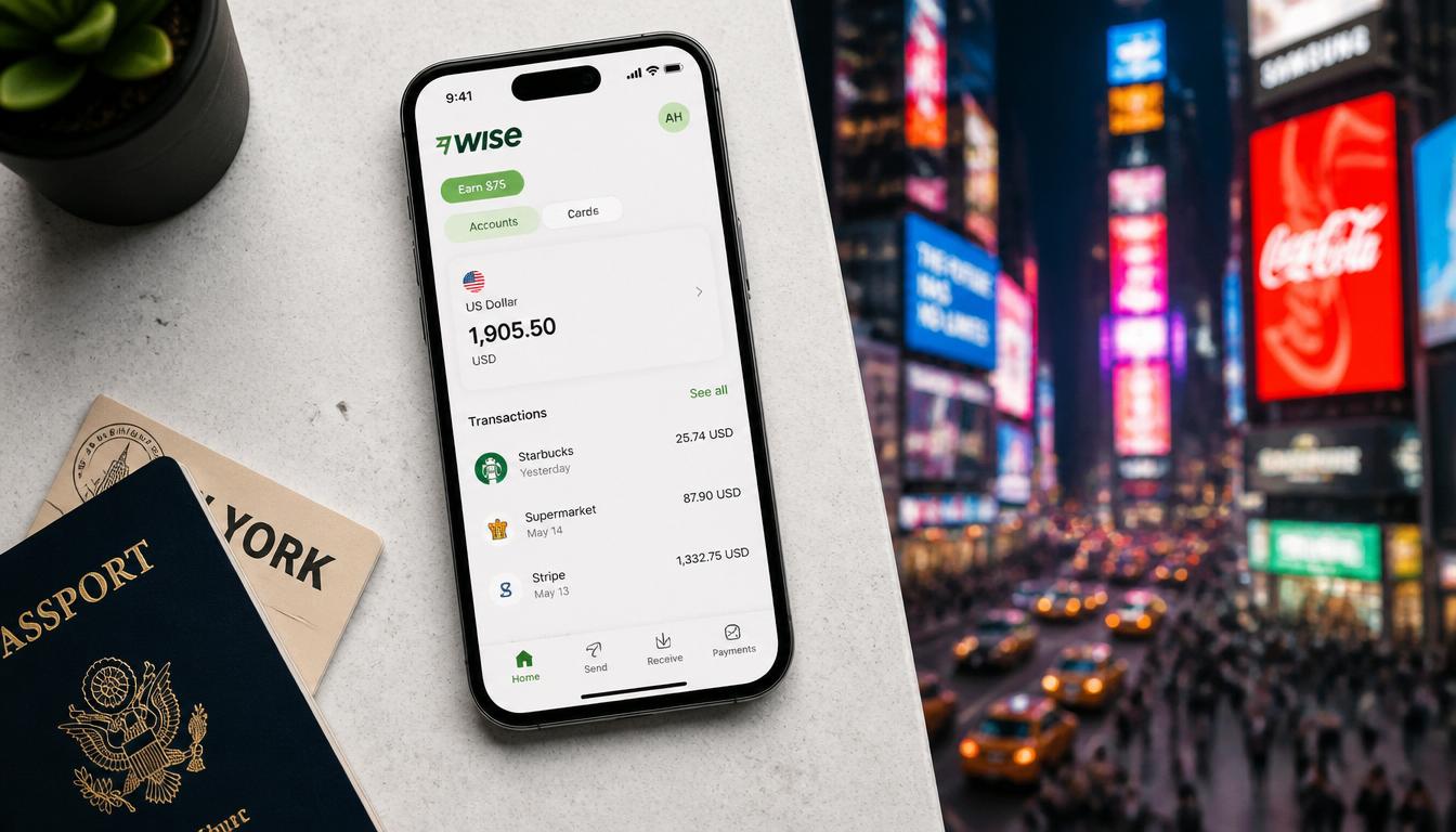 Aplicativo Wise no celular mostrando saldo em dólares para uso nos Estados Unidos em 2026