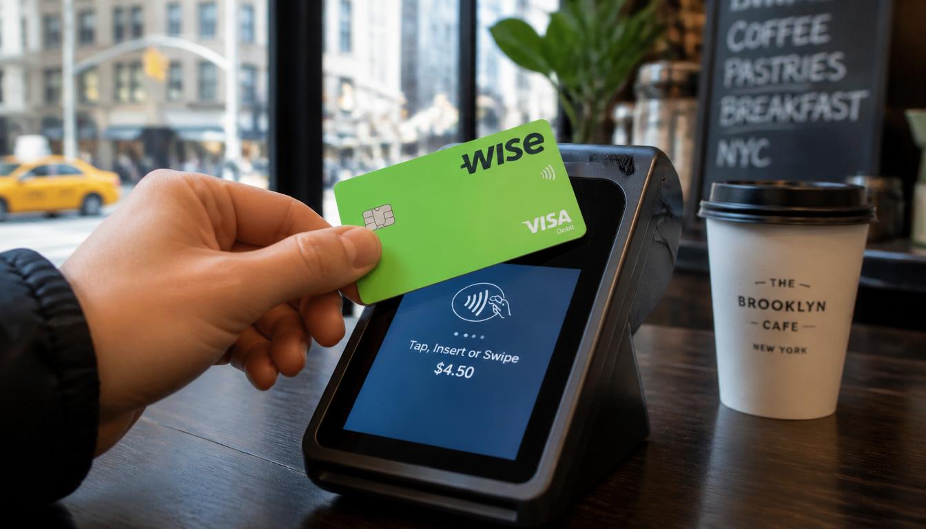 Turista usando cartão Wise nos Estados Unidos em 2026 para pagamento sem taxas