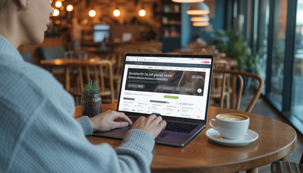 trabalhar na Finlândia Pessoa consultando vagas de emprego no portal Work in Finland no laptop em um café moderno