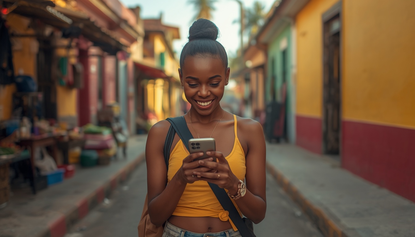 Mulher sorridente ativando e usando internet de alta velocidade no celular via eSIM em uma rua movimentada de Porto Príncipe, Haiti, 2026