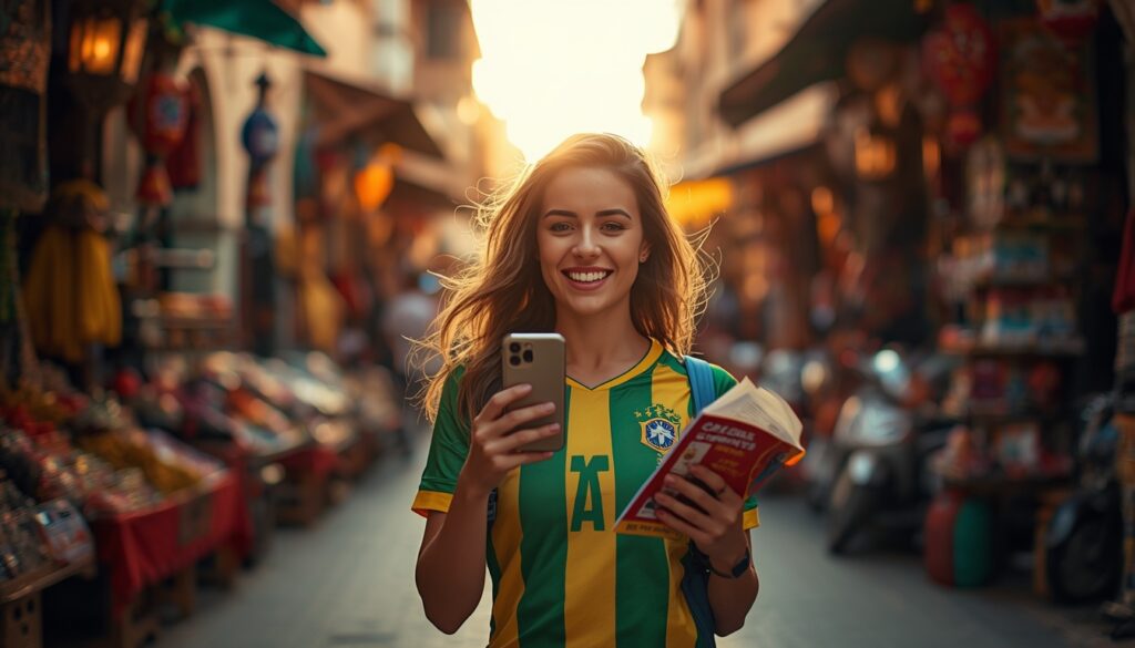 Mulher sorridente com a camisa do Brasil segurando um mapa do Marrocos em um cenário de mercados vibrantes de Marrakech.