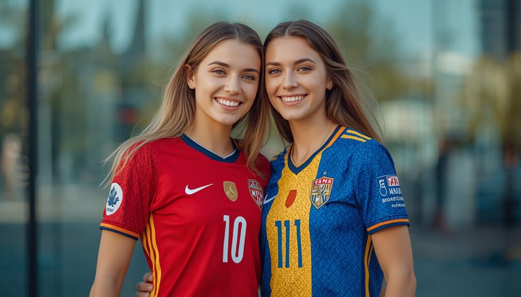 Canadá x Bósnia na Copa 2026: Guia de Viagem, Vistos e Dicas Duas mulheres jovens e elegantes vestindo camisas de futebol representando o Canadá e a Bósnia, sorrindo e celebrando em um cenário inspirador de viagem.