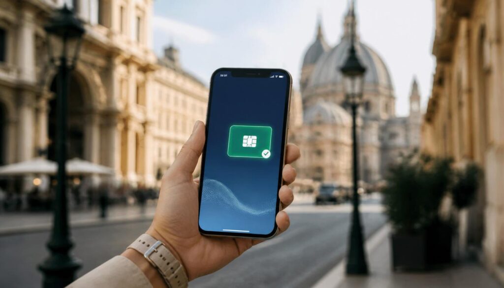 Comparação visual entre smartphone moderno com eSIM ativo e taxas de roaming em aeroporto na Europa.