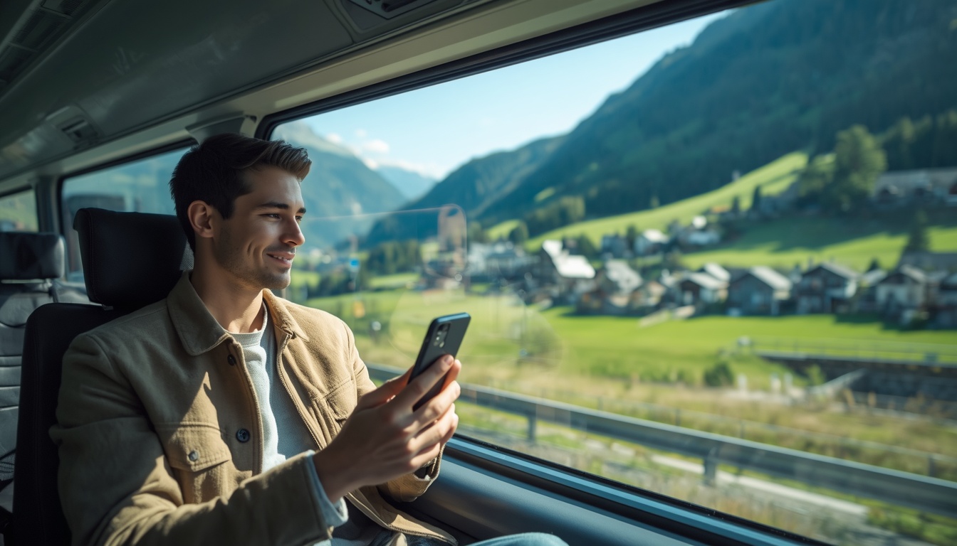 Turista com eSIM ativo na fronteira entre Suíça e Liechtenstein — transporte e conexão em 2026