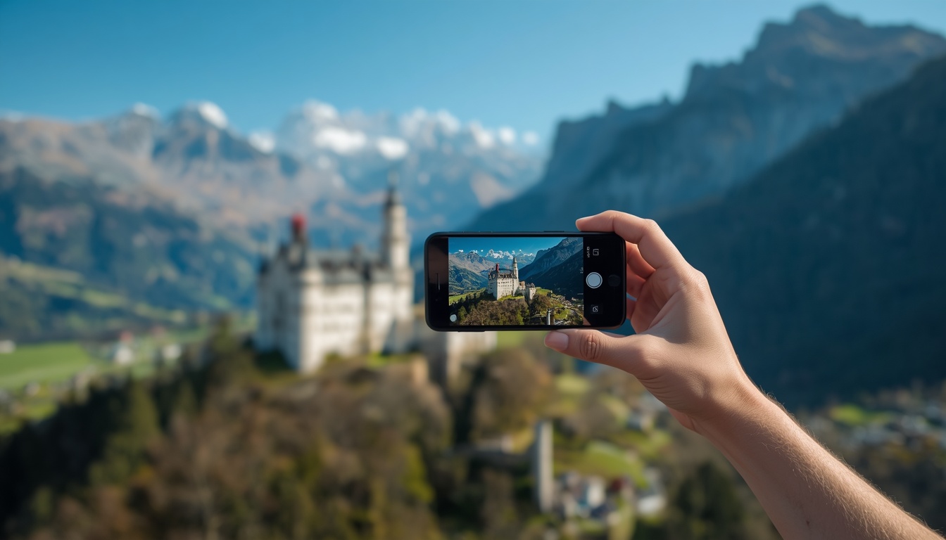 Turista com celular e eSIM nas montanhas de Liechtenstein explorando trilhas alpinas em 2026