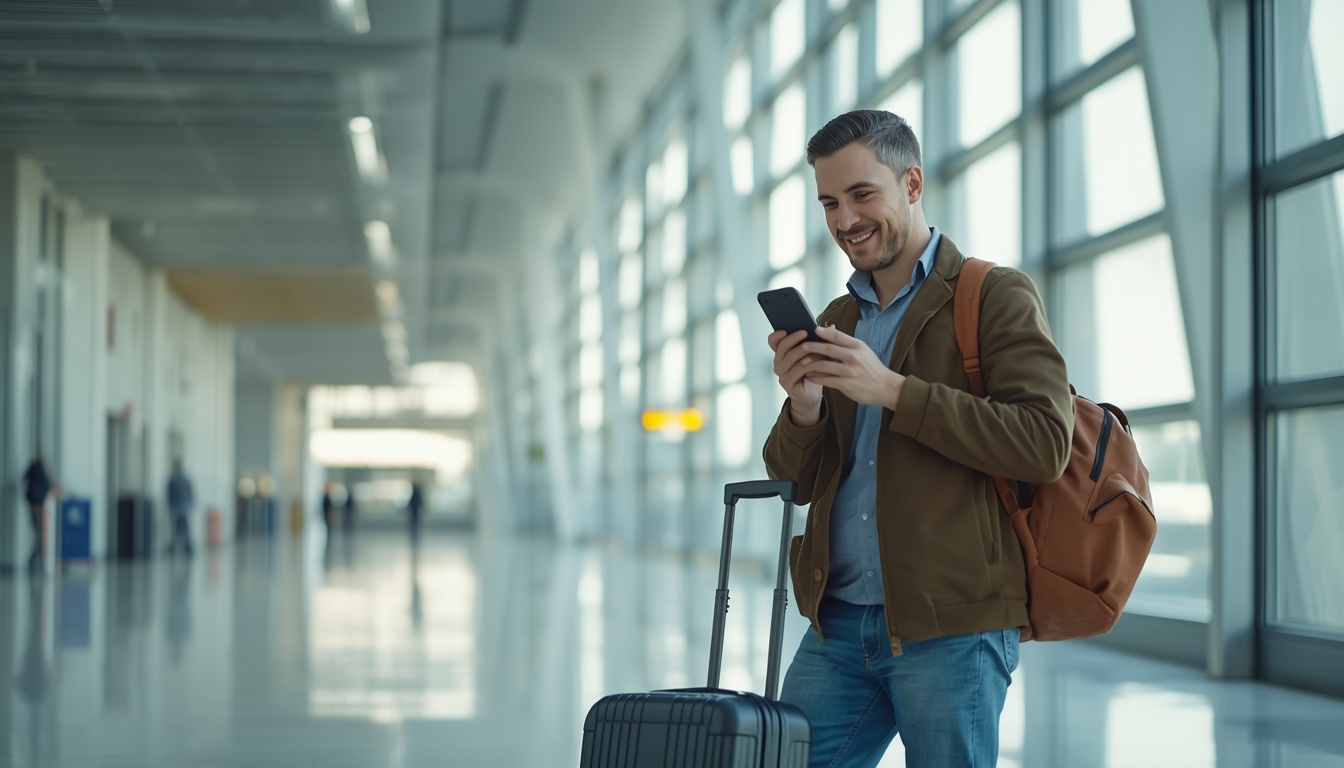 Turista no Aeroporto de Findel em Luxemburgo com celular e eSIM ativado após desembarque em 2026