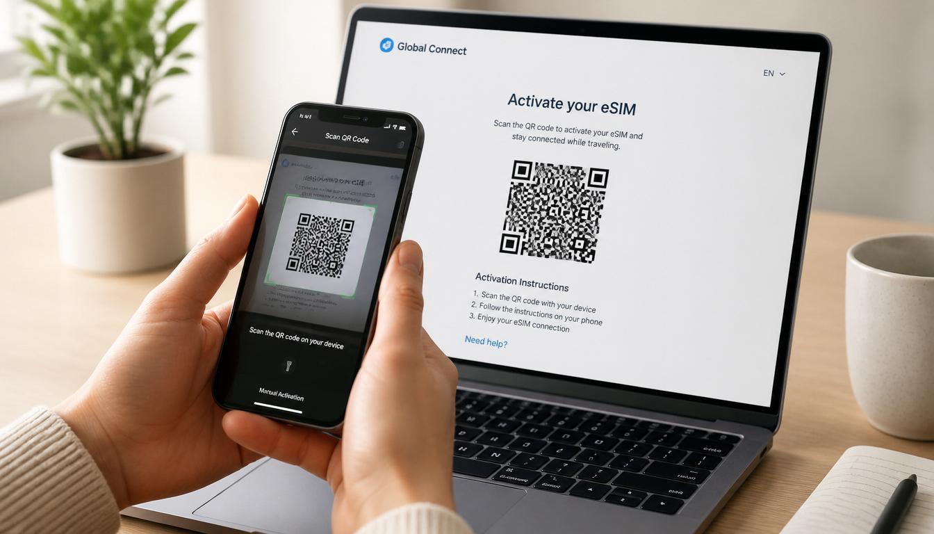 eSIM em Luxemburgo: celular com QR Code de ativação do chip internacional em 2026