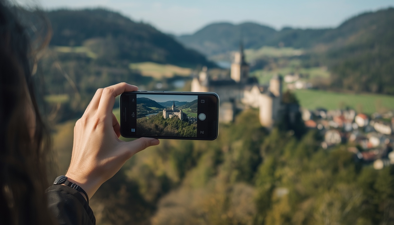 Turista com celular conectado via eSIM explorando a natureza do interior de Luxemburgo em 2026