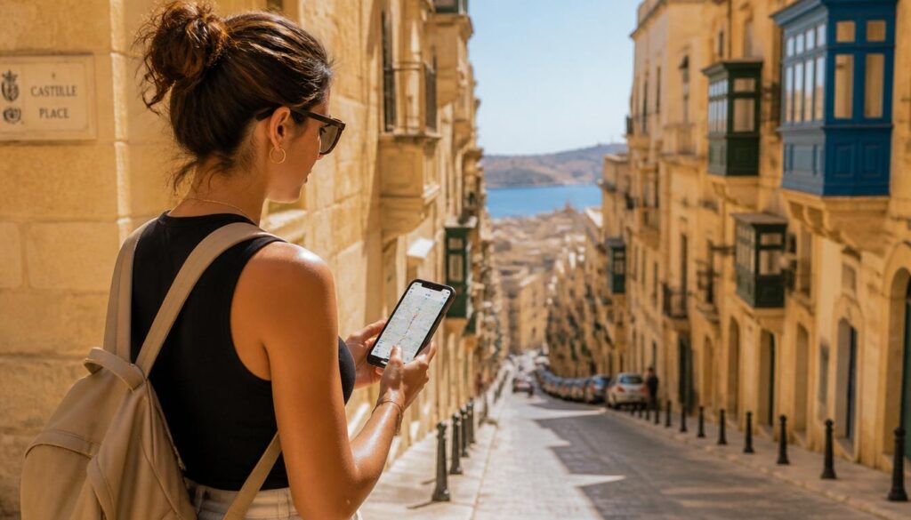 Como Ter Internet em Malta em 2026? Chip Físico vs eSIM Turista utilizando o smartphone com aplicativo de mapas nas ruas de Valletta com prédios históricos de pedra calcária amarela e sacadas coloridas ao fundo.
