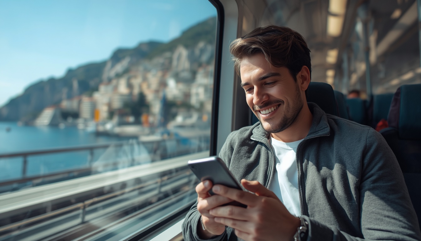 eSIM ativo desde a chegada a Mônaco: internet sem interrupção ao cruzar a fronteira com a França Turista chegando de trem a Mônaco com celular conectado via eSIM — fronteira França Mônaco 2026