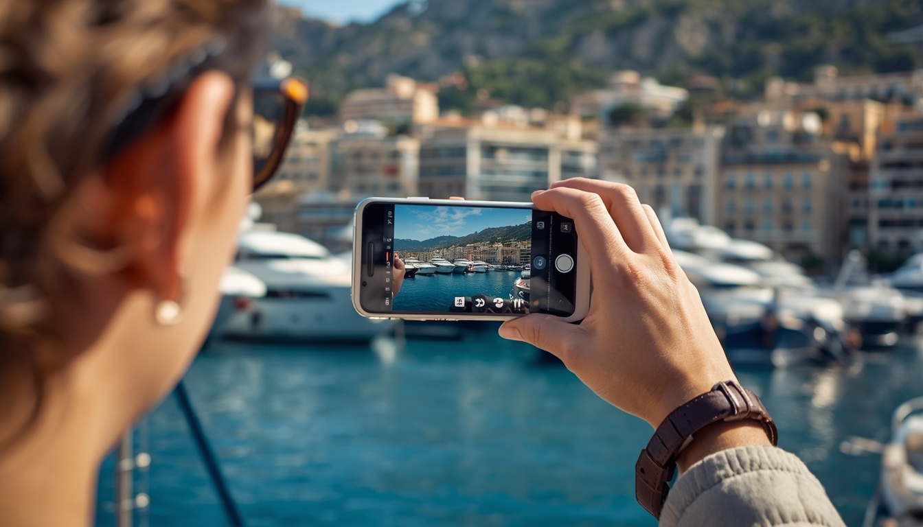 Internet via eSIM em Mônaco: indispensável para navegar entre os pontos turísticos do principado Turista com celular em mãos no Casino de Monte Carlo, Mônaco — internet e eSIM para turismo de luxo 2026
