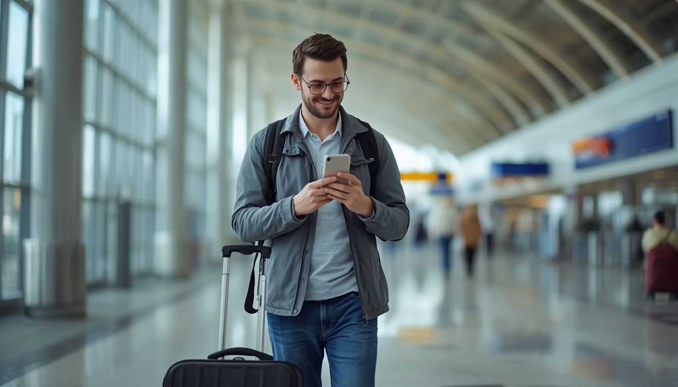 Turista no aeroporto de Dublin com eSIM ativo — internet 4G funcionando no desembarque na Irlanda