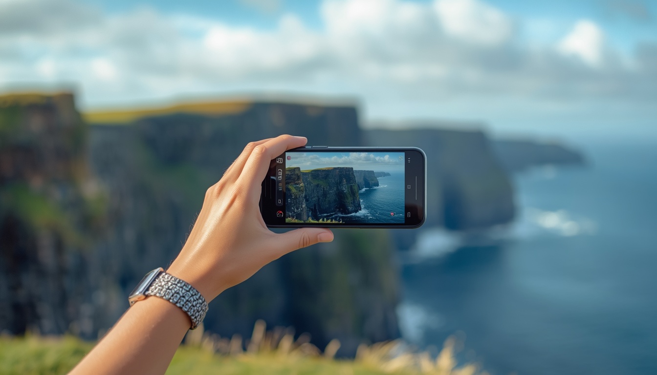 Turista na natureza da Irlanda com celular e eSIM ativo — internet 4G funcionando no interior irlandês