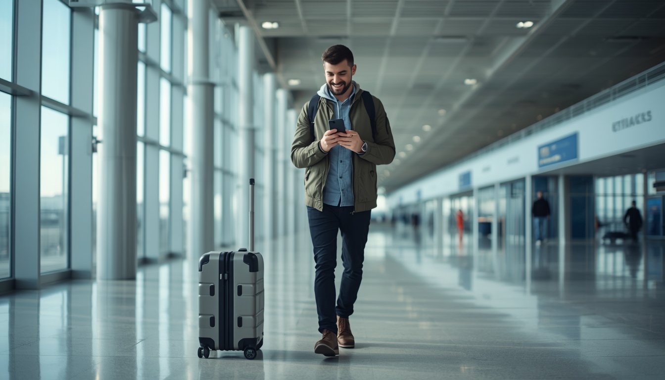 Passageiro no aeroporto de Keflavík na Islândia usando celular com eSIM ativo ao desembarcar em 2026