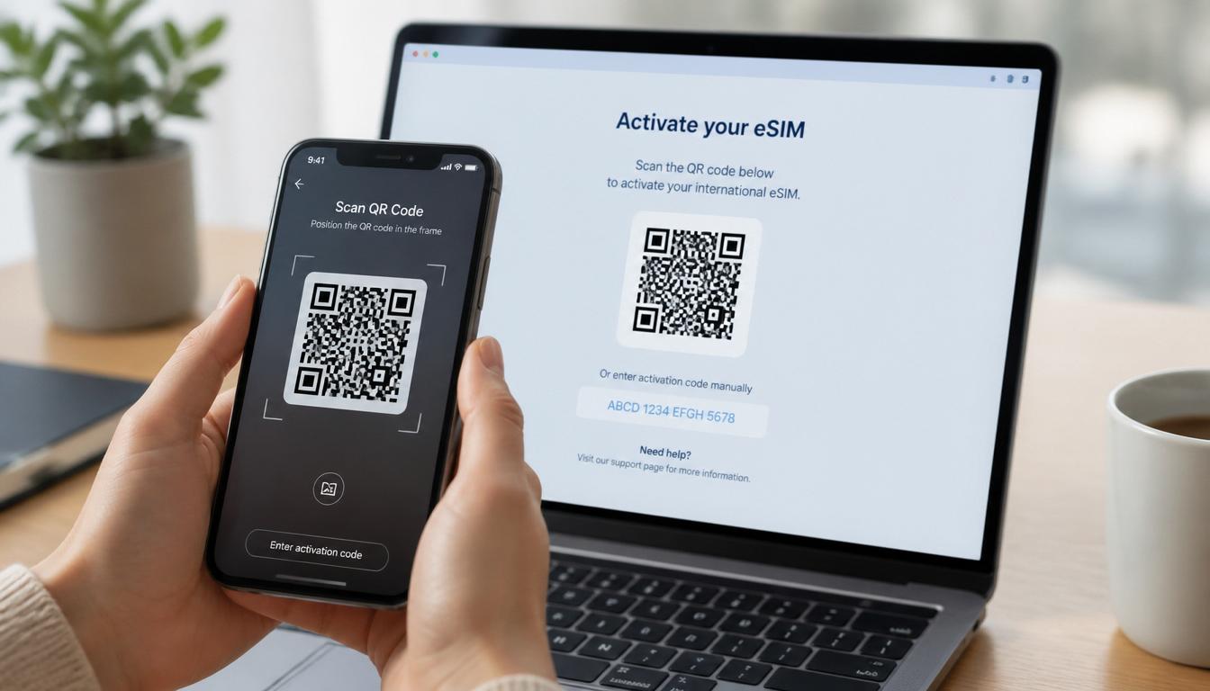Mão segurando celular com tela de ativação de eSIM para Islândia em 2026 com paisagem de geleira ao fundo