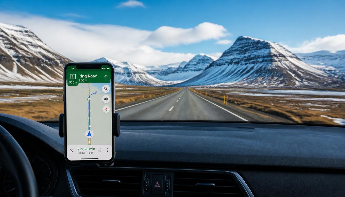 Mapa da Islândia exibido em tela de celular com eSIM ativo mostrando cobertura de internet 4G na Ring Road