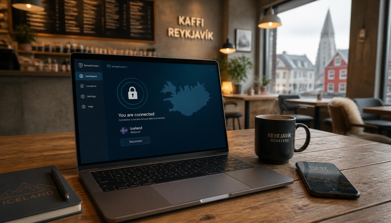 Viajante usando celular em café em Reykjavík com eSIM ativo e alerta de segurança de Wi-Fi público na Islândia 2026