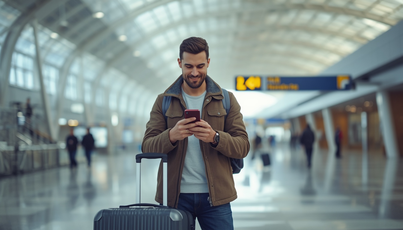 Turista brasileiro ativando eSIM no aeroporto de Roma Fiumicino no desembarque em 2026