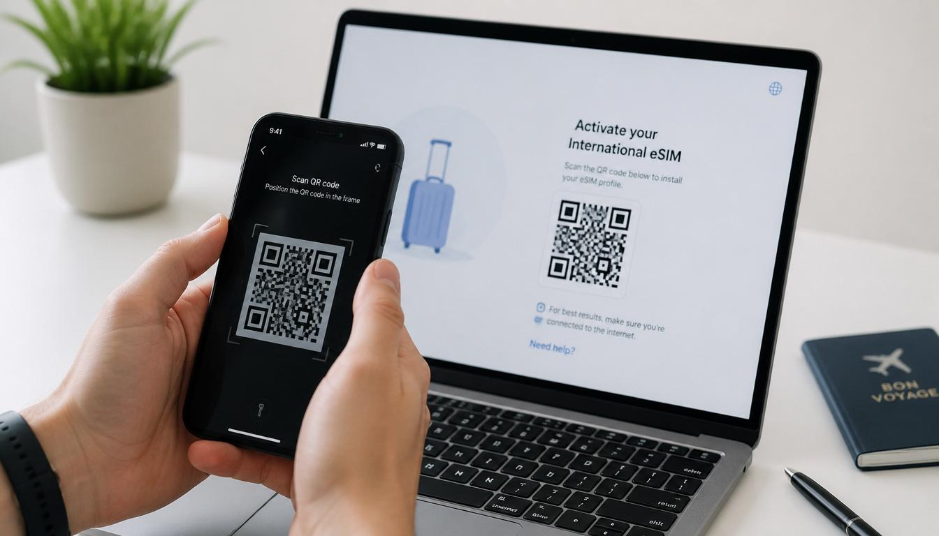 Tela de ativação de eSIM para Itália no celular com mapa da Itália ao fundo em 2026