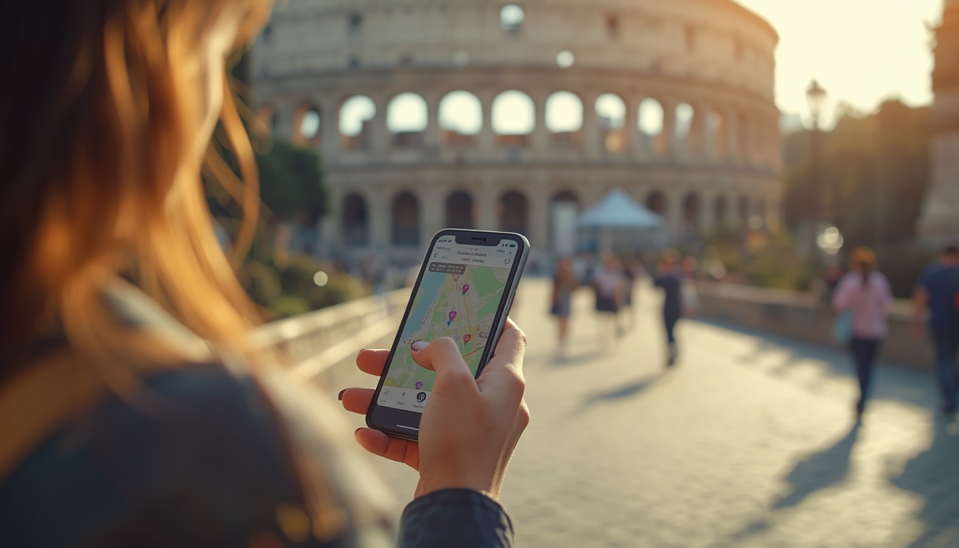 Turista com celular mostrando mapa da Itália com cobertura de rede 4G e 5G em 2026