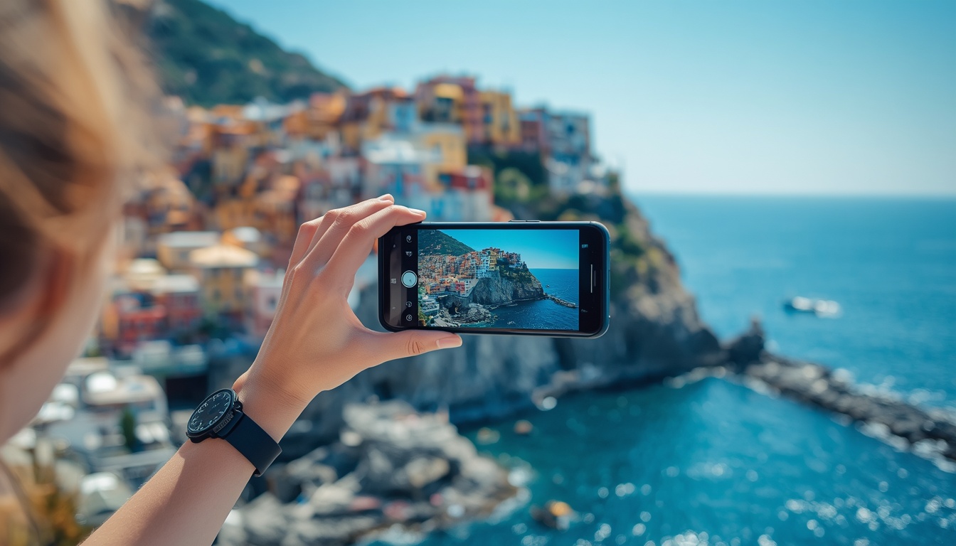 Turista explorando paisagem natural da Itália com internet pelo celular eSIM em 2026
