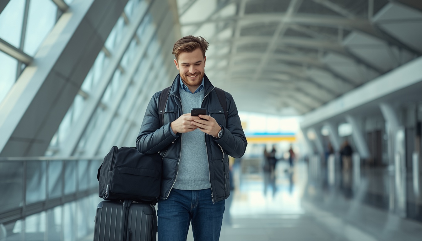 Viajante no Aeroporto Internacional de Riga na Letônia usando celular com eSIM ativo ao desembarcar em 2026