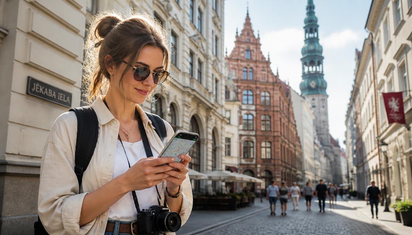 Celular exibindo mapa de Riga na Letônia com eSIM ativo e cobertura 4G destacada em 2026