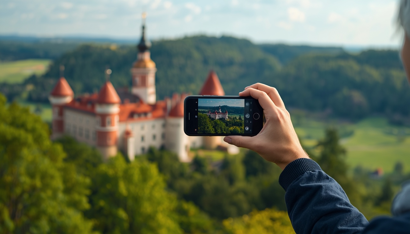 Viajante explorando a Cidade Velha de Riga na Letônia com celular e eSIM ativo consultando mapa em 2026