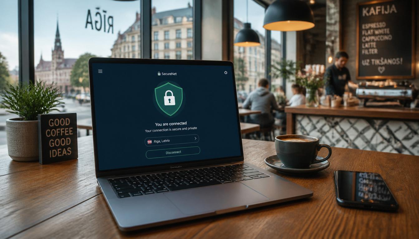 Viajante usando celular com eSIM ativo em café em Riga na Letônia comparando segurança com Wi-Fi público em 2026