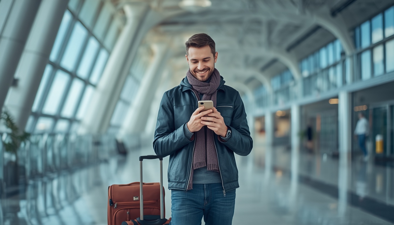 Turista ativando eSIM no Aeroporto Internacional de Vilnius, Lituânia, após o desembarque em 2026