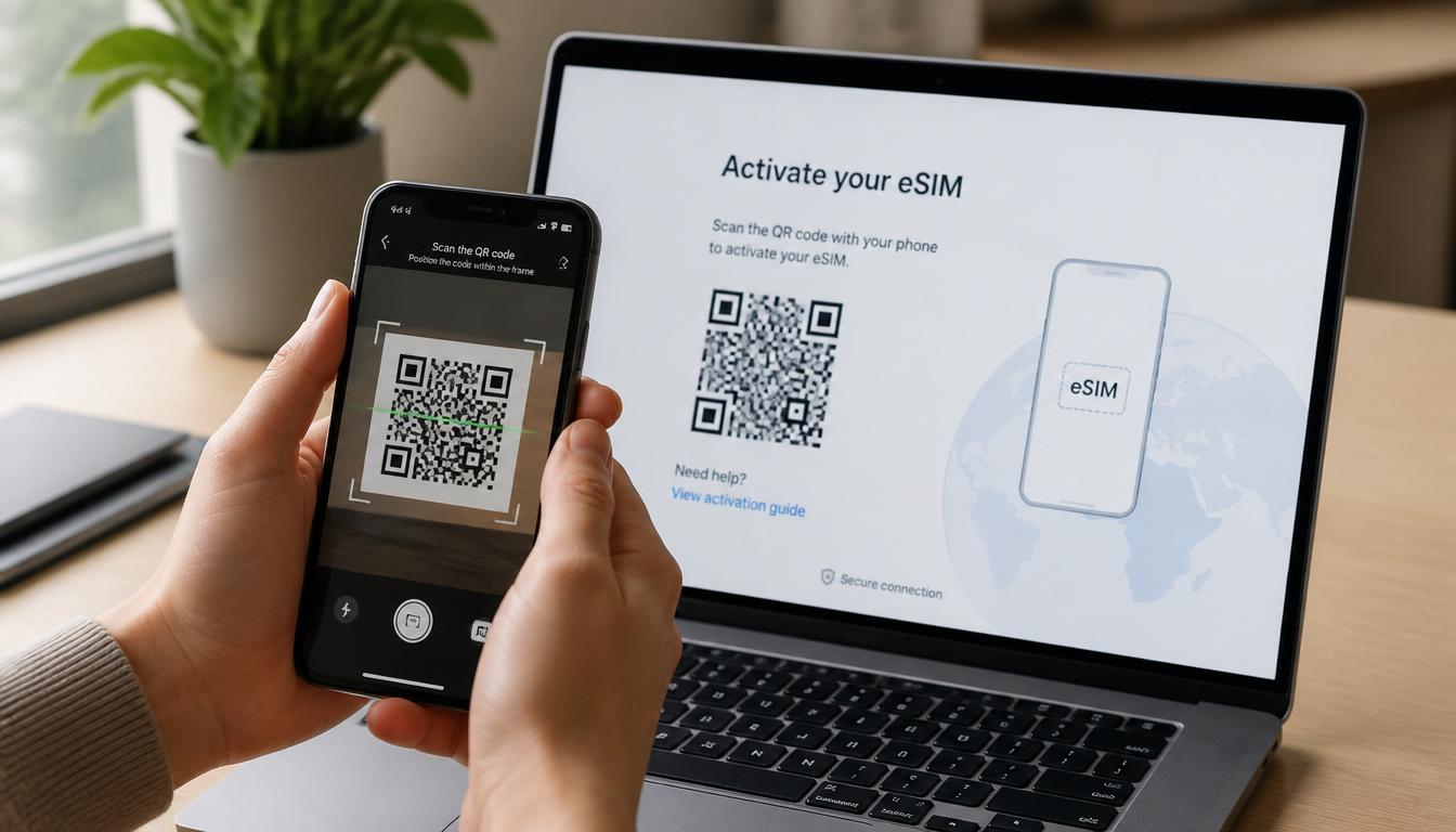 Como ativar o eSIM para a Moldávia antes de embarcar Tela de ativação de eSIM em smartphone com destino Moldávia em 2026