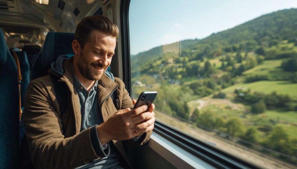 Viajante olhando o celular conectado dentro de um trem ou ônibus moderno cruzando a fronteira da Romênia para a Moldávia.