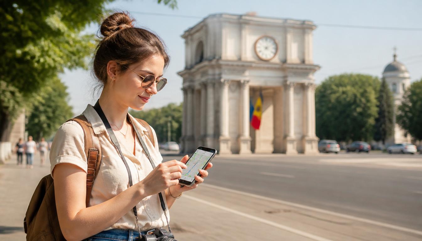 Internet na Moldávia: eSIM ou chip local? Mapa da Moldávia com ícone de sinal de celular e eSIM ativo em 2026
