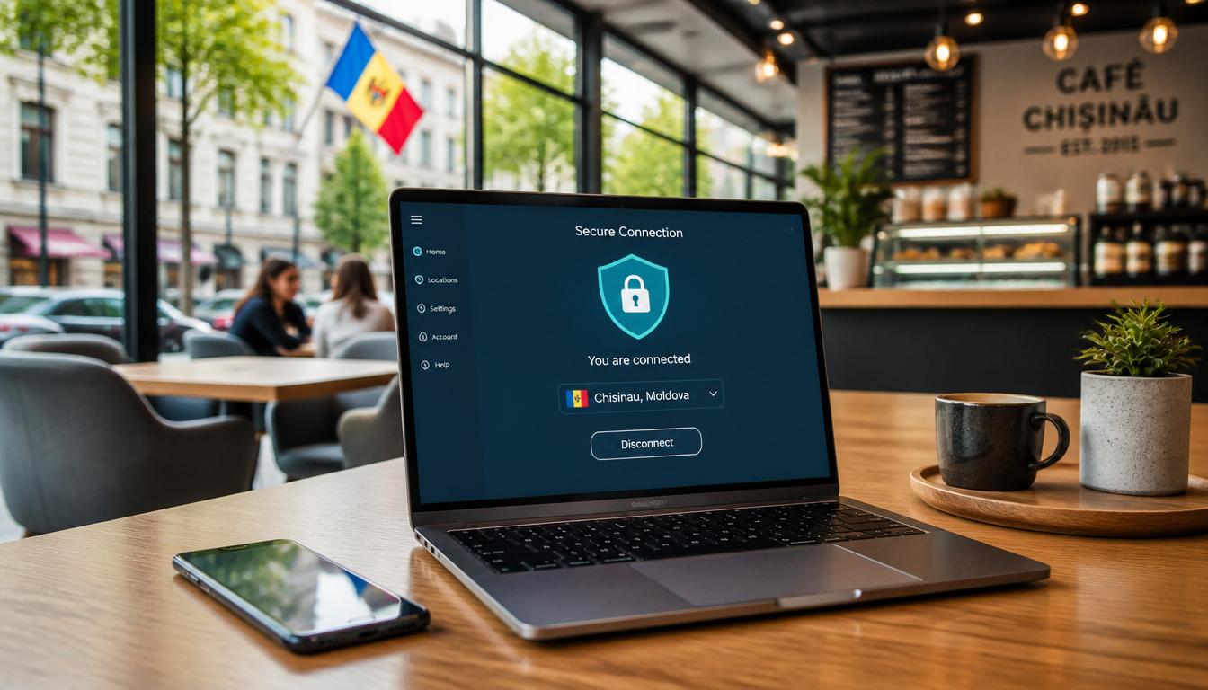 Wi-Fi gratuito na Moldávia: use com precaução e VPN Turista usando Wi-Fi em café em Chisinau, Moldávia, com VPN ativa em 2026