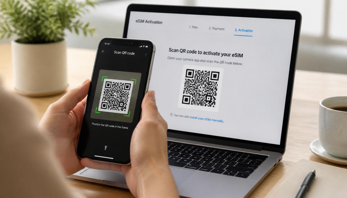 Como ativar eSIM para o Japão: passo a passo antes de embarcar Pessoa ativando eSIM no smartphone antes de embarcar para o Japão em 2026