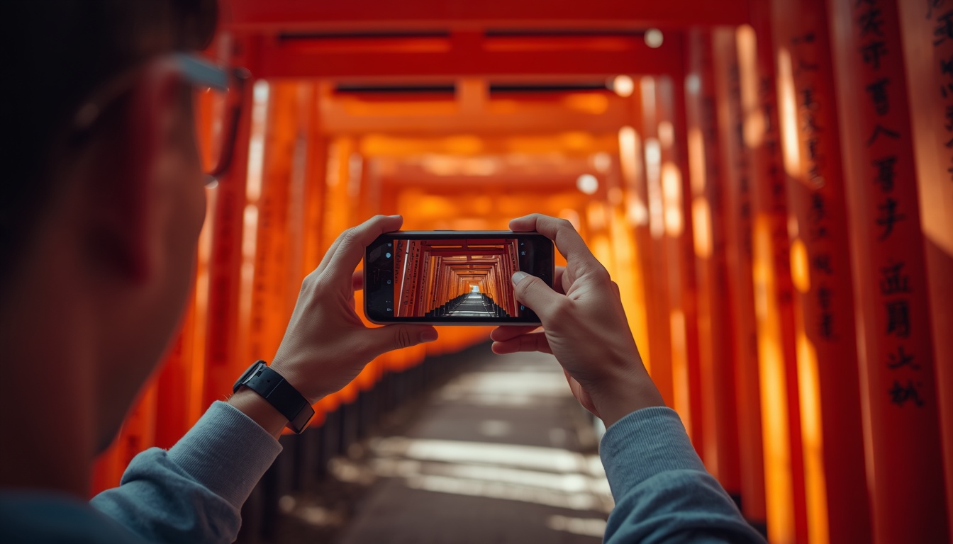 Internet no Japão para turistas: eSIM em Kyoto e pontos turísticos Turista brasileiro usando celular com eSIM ativo em templo japonês em Kyoto 2026