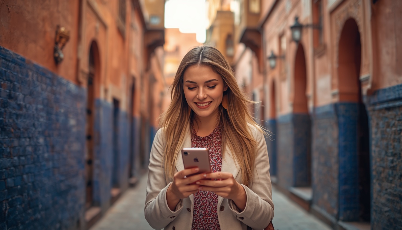 eSIM no Marrocos 2026 — internet no celular desde o desembarque Turista usando celular com eSIM ativo nas ruelas coloridas de Chefchaouen, Marrocos, 2026