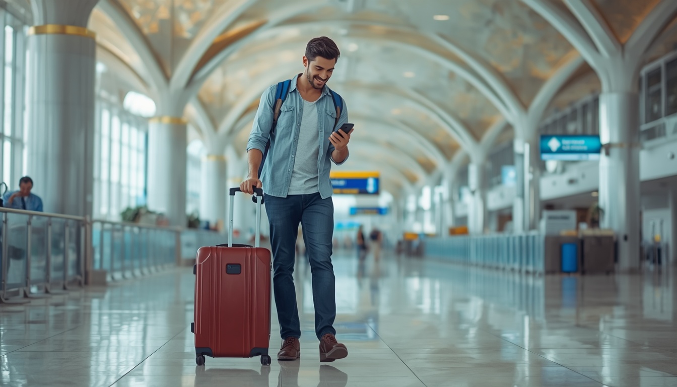 Turista com celular conectado no aeroporto de Cancún usando eSIM no México