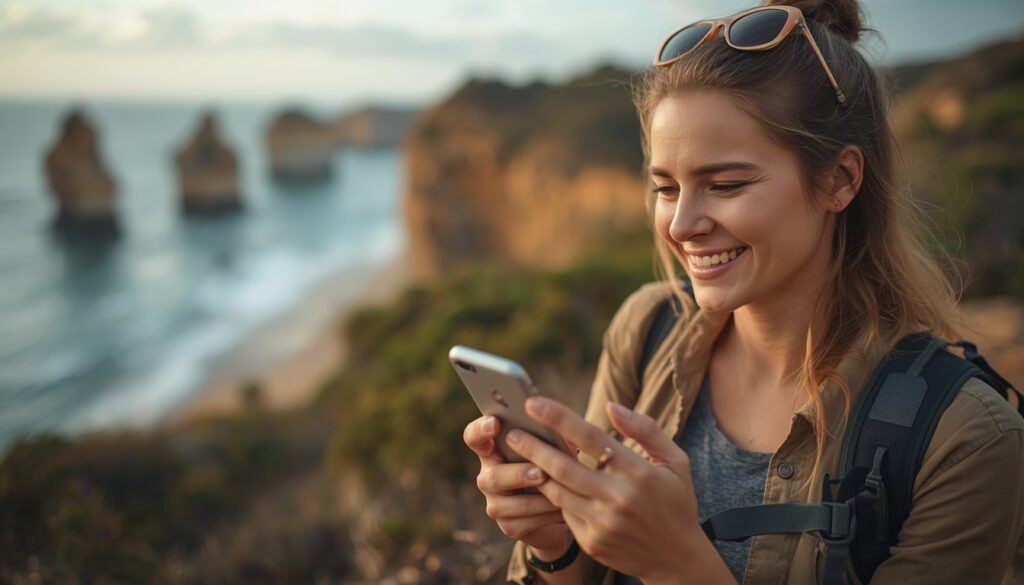 eSIM na Austrália: Qual o Melhor Chip Virtual de Internet? Turista utilizando um smartphone com conexão estável durante uma trilha ou passeio ao ar livre na Austrália.
