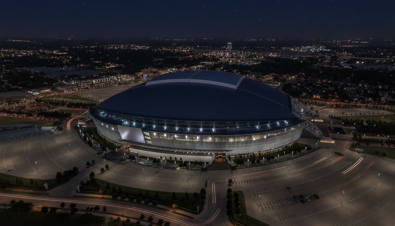Copa do Mundo em Dallas 2026 — AT&T Stadium e guia completo de viagem AT&T Stadium em Arlington iluminado durante a Copa do Mundo 2026 em Dallas